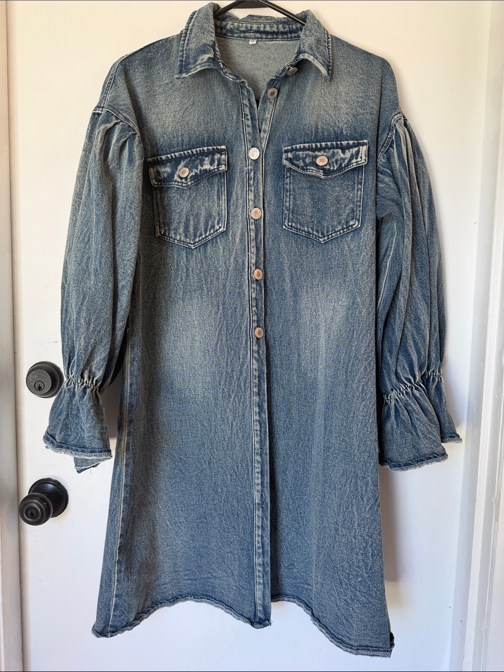 Denim long puff sleeves button down dress vintage wash rodeo medium